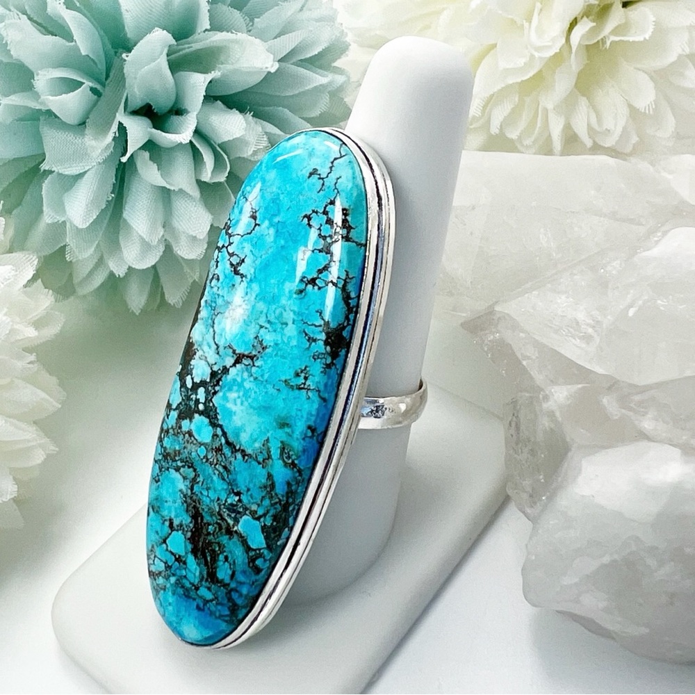 *SOLD* Long Chunky Turquoise Ring Size 11 New Sterling Silver 925 - Picture 3 of 10